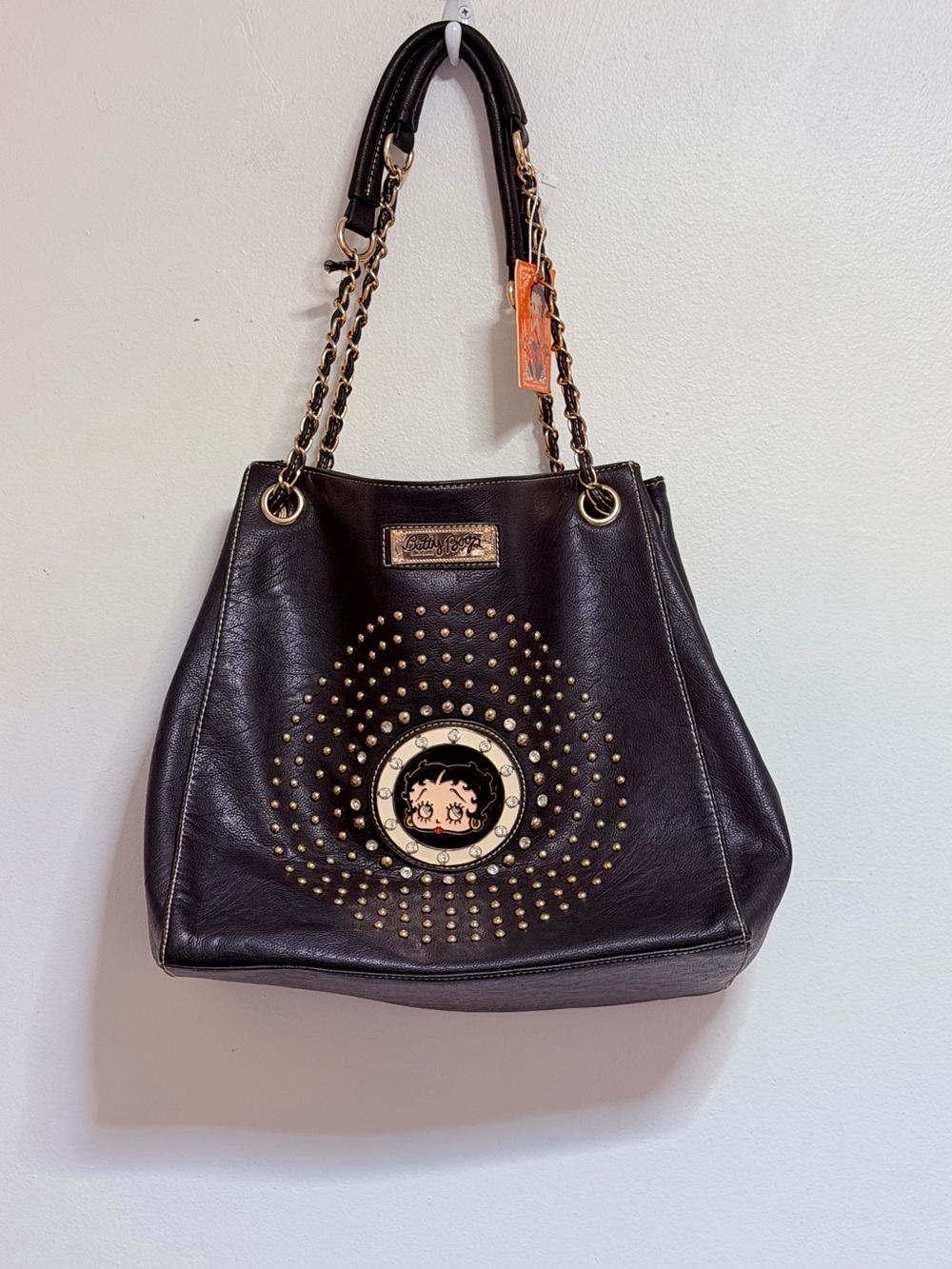 Betsey Johnson Black Studded Tote with Betty Boop Medallion